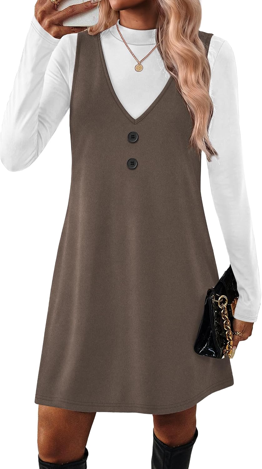 OFEEFAN Fall Dresses for Women 2 Piece Sets Long Sleeve Overall Dress with Pockets Abvoe Knee Fashion Winter Clothing