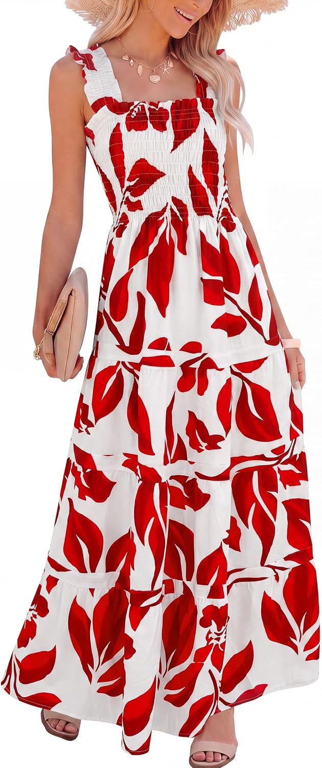Caracilia Womens Summer Maxi Dresses Floral Smocked Boho Sundress | Sleeveless Ruffle Straps, Square Neck, Tiered Aline Flowy Casual Long Dress, Beach Vacation Outfits