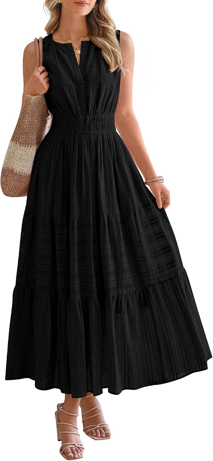BTFBM Womens Summer Casual Midi Maxi Dress 2026 | Lightweight Sleeveless Boho Sundress,Elastic Waist A Line,V Neck Cotton Long Dresses Pockets,Beach Vacation,Fashion Clothing