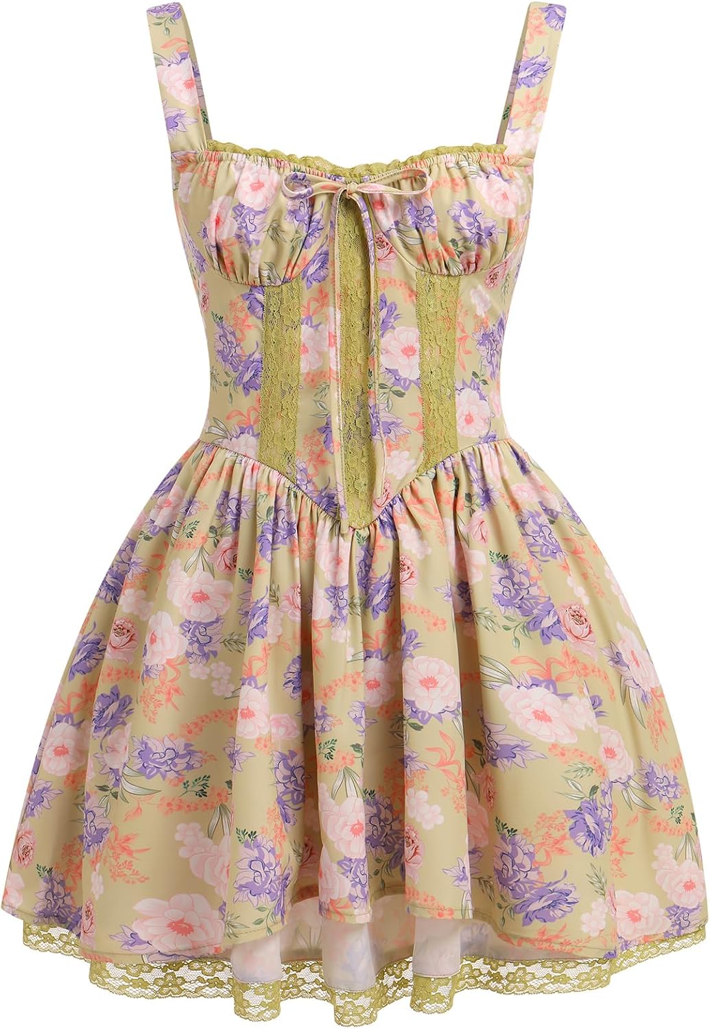 ABEHIK Women's Corset Dress Floral Mini Sexy Spaghetti Straps Low Cut Lace Short Dress Ruffle Summer Bustier Sundress