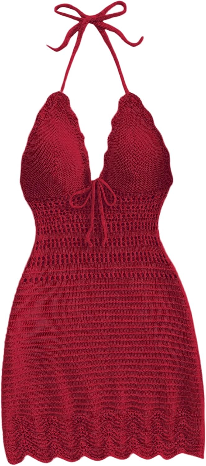 GORGLITTER Women's Crochet Halter Mini Dress Western Cowgirl Sweater Dress | Boho Knit Backless Dresses, 90s Country Concert Party Festival Outfits, Rave Hippie Clothes