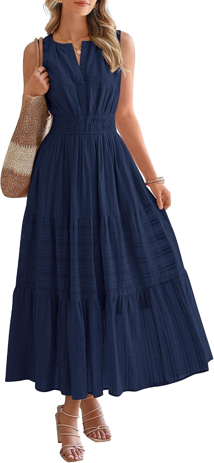 BTFBM Womens Summer Casual Midi Maxi Dress 2026 | Lightweight Sleeveless Boho Sundress,Elastic Waist A Line,V Neck Cotton Long Dresses Pockets,Beach Vacation,Fashion Clothing