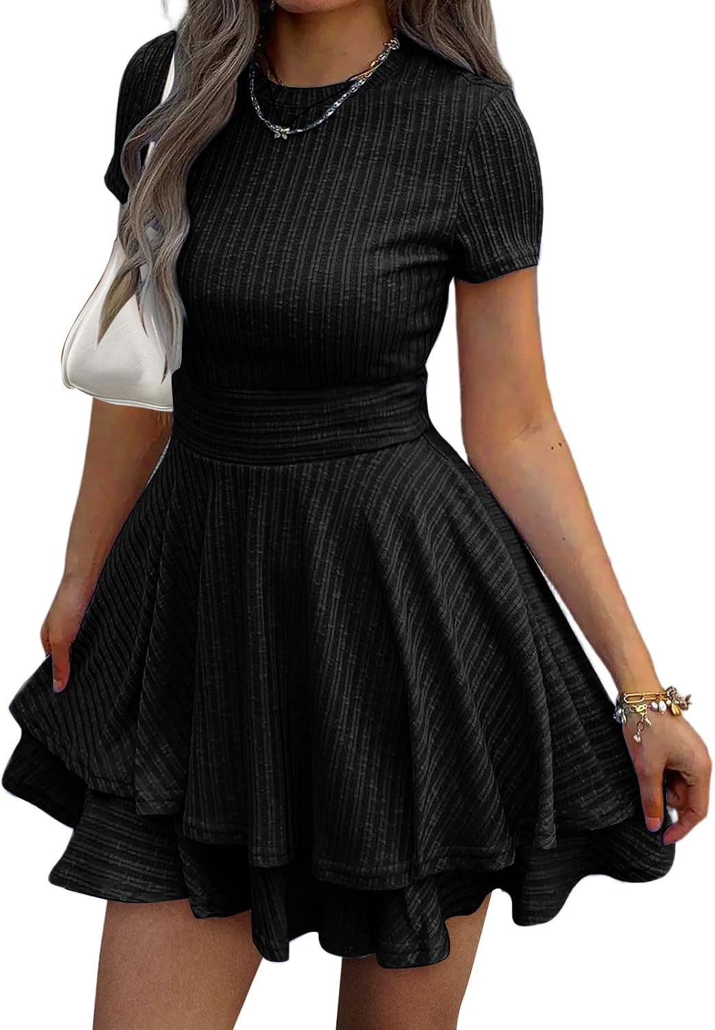 Evzeiem Womens Summer Mini Dresses Short Sleeve Casual Crewneck Knitted Crochet Flowy Tiered Sundress