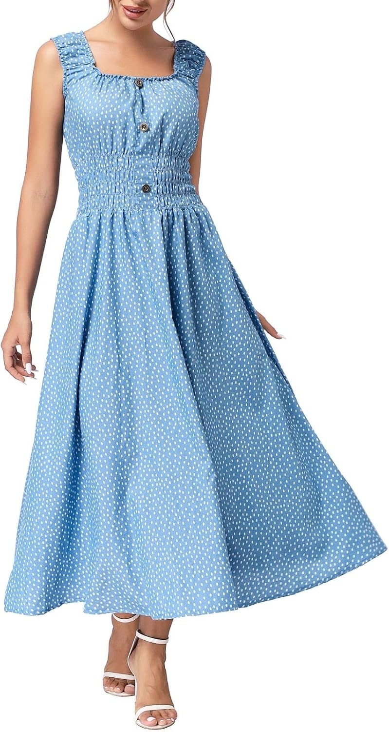 DREFBUFY Womens Denim Maxi Dress Sleeveless Summer Casual Blue Cotton Boho Flowy Long Jean Sundresses for Women