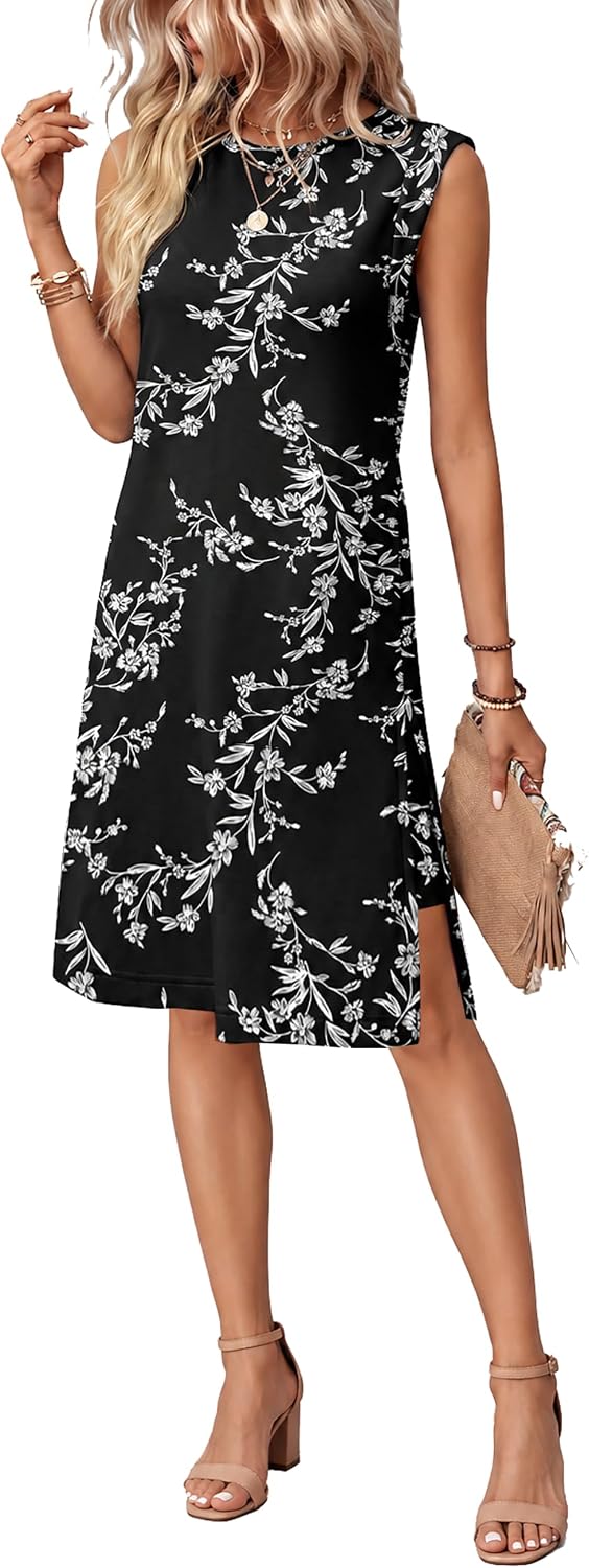 BEXIBOOM Women's Summer Casual Cap Sleeve Midi Dress with Pockets | Soft Stretch Fabric Round Neck Relaxed Fit Wrinkle-Free Side Slit And Pockets For Daily Wear, Work, Travel And Vacation