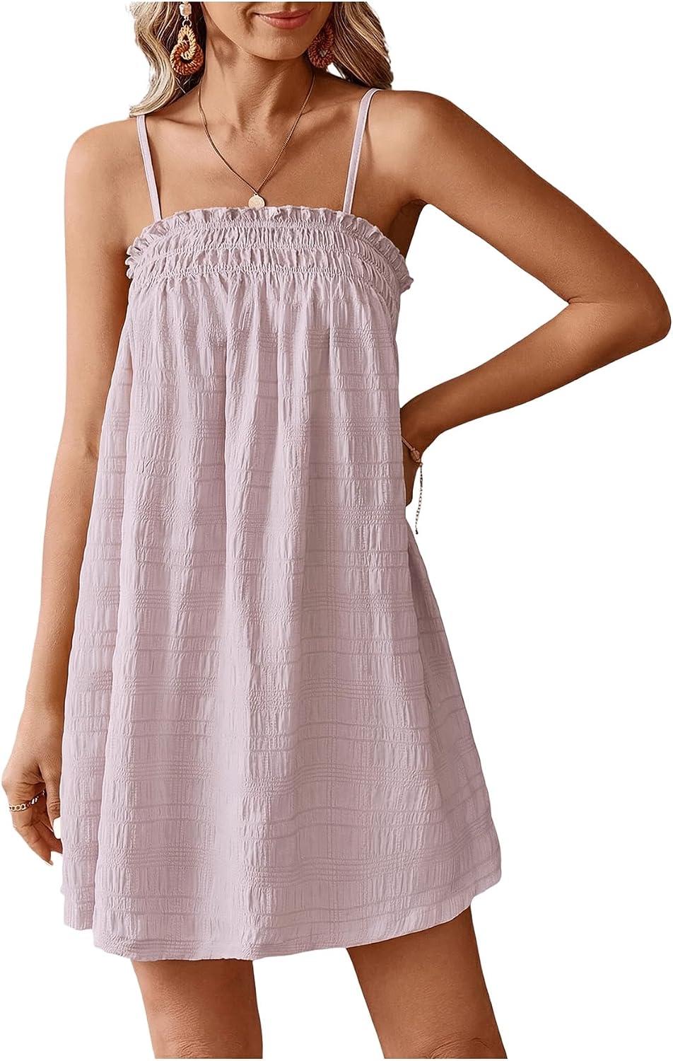 MakeMeChic Women's Babydoll Dress Sleeveless Swing Shirred Mini Dresses | Beach, Summer, Sundress, Ruffle, Casual Dress, Flowy Dress