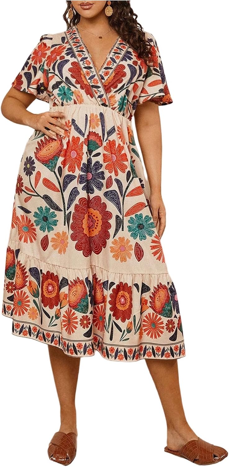 Floerns Women's Plus Size Hawaiian Tropical V Neck Long Dress | V Neck,Boho Hawaiian Tropical,All Over Print,Short Sleeve,Vacation Outfits