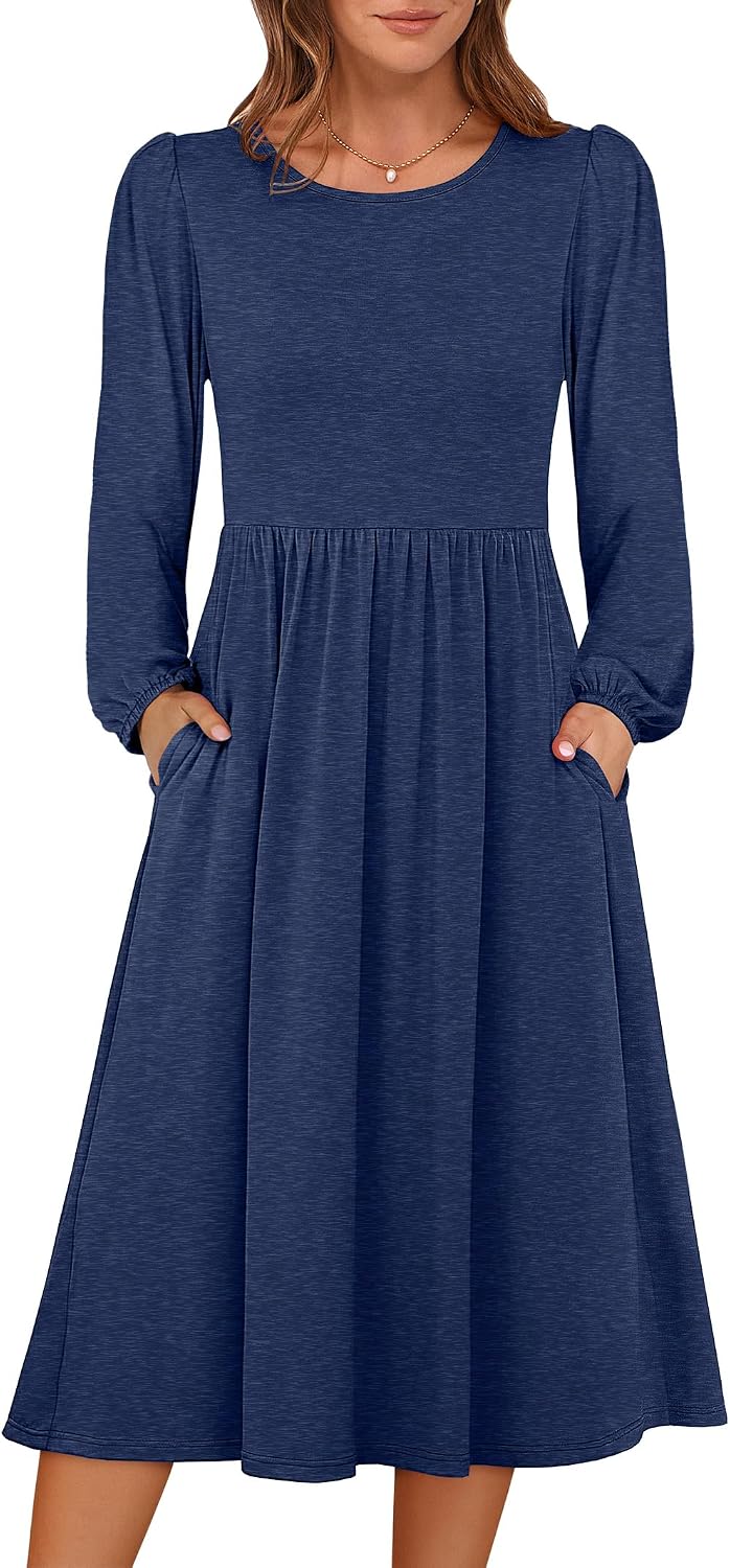 ANRABESS Women Long Sleeve Casual Fall Midi Dress Lightweight with Pockets | Crewneck Flowy A-Line Long Dresses, Comfy Soft, Church Floral Vacation Outfits, Fashion Transition, Winter Layering Clothes