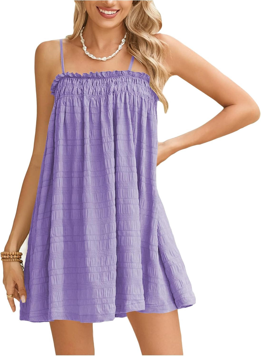 MakeMeChic Women's Babydoll Dress Sleeveless Swing Shirred Mini Dresses | Beach, Summer, Sundress, Ruffle, Casual Dress, Flowy Dress