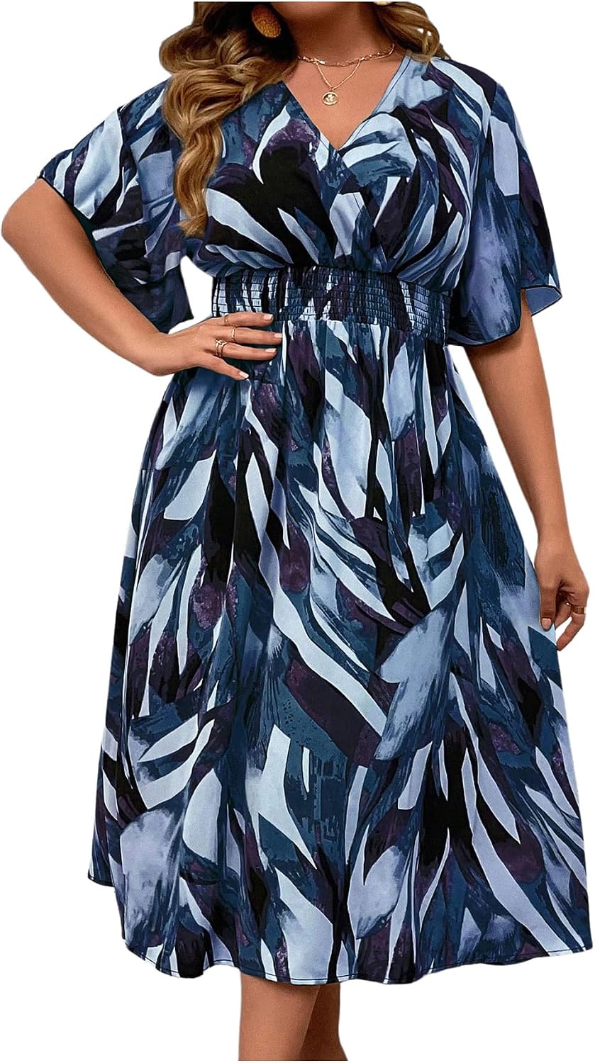 Floerns Women's Plus Size Hawaiian Tropical V Neck Long Dress | V Neck,Boho Hawaiian Tropical,All Over Print,Short Sleeve,Vacation Outfits