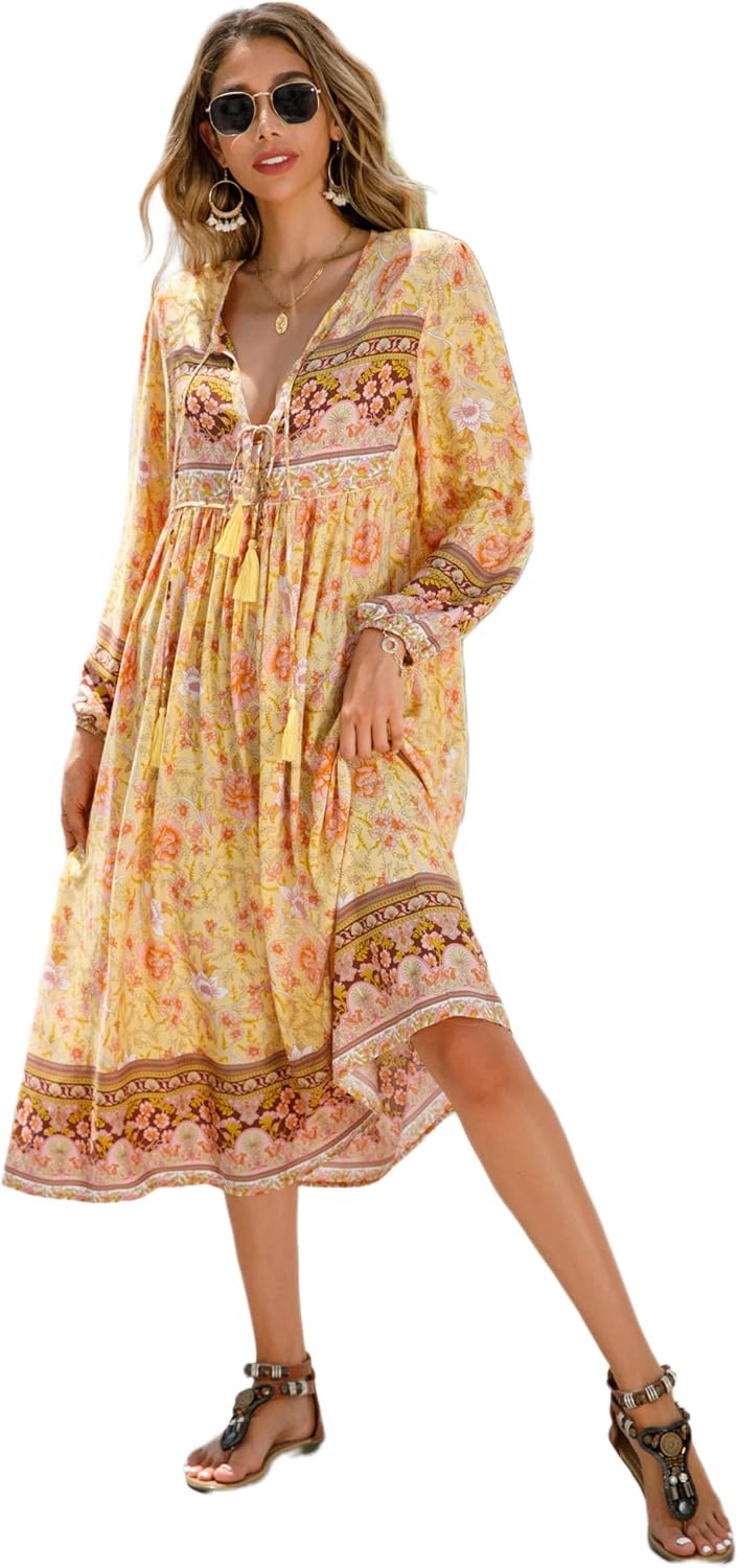 R.Vivimos Women's Long Sleeve Casual Boho Floral Midi Dresses | Retro V Neck, Tassel Tie, Beach Vacation Outfits, Resort Wear