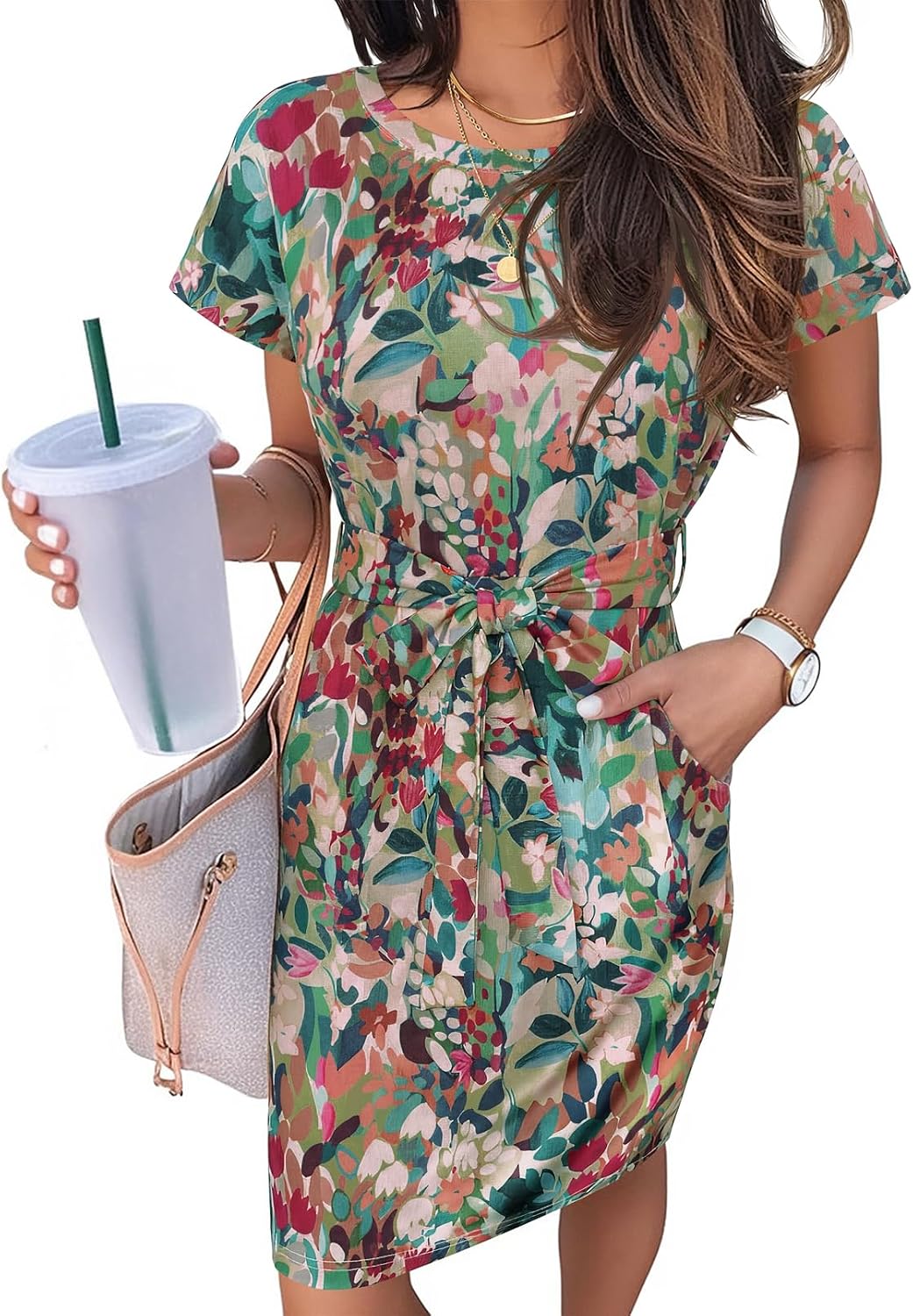 MEROKEETY Women's 2026 Summer Short Sleeve Casual T Shirt Dress | Striped, Tie Waist, Crew Neck, Work Vacation Beach, Trendy Fashion Cute Short Dresses