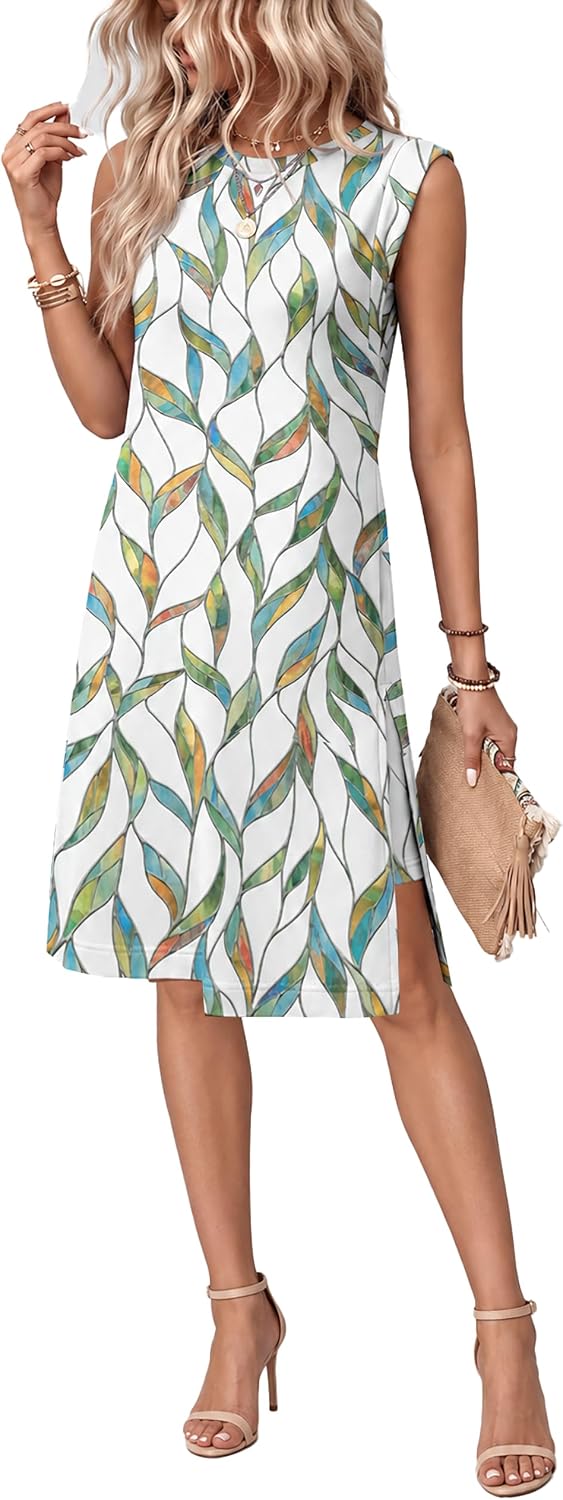BEXIBOOM Women's Summer Casual Cap Sleeve Midi Dress with Pockets | Soft Stretch Fabric Round Neck Relaxed Fit Wrinkle-Free Side Slit And Pockets For Daily Wear, Work, Travel And Vacation