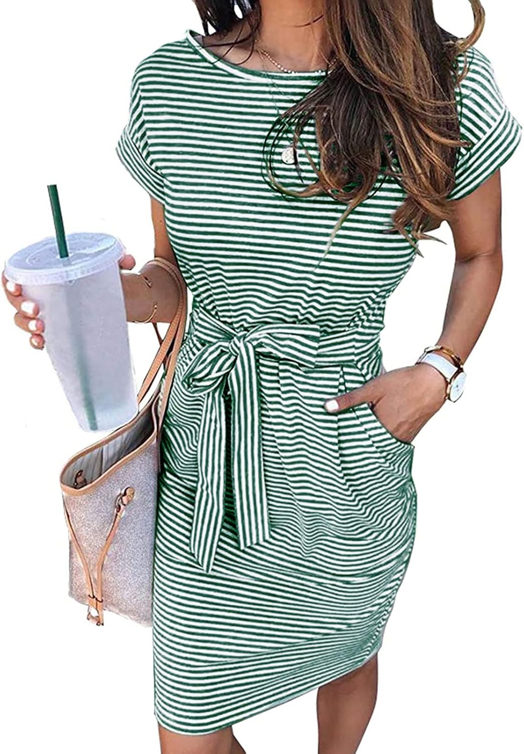 MEROKEETY Women's 2026 Summer Short Sleeve Casual T Shirt Dress | Striped, Tie Waist, Crew Neck, Work Vacation Beach, Trendy Fashion Cute Short Dresses