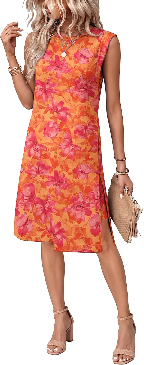 BEXIBOOM Women's Summer Casual Cap Sleeve Midi Dress with Pockets | Soft Stretch Fabric Round Neck Relaxed Fit Wrinkle-Free Side Slit And Pockets For Daily Wear, Work, Travel And Vacation