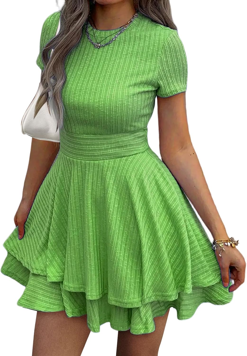 Evzeiem Womens Summer Mini Dresses Short Sleeve Casual Crewneck Knitted Crochet Flowy Tiered Sundress