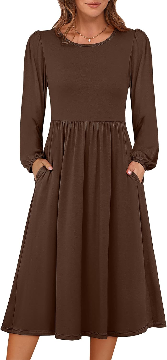 ANRABESS Women Long Sleeve Casual Fall Midi Dress Lightweight with Pockets | Crewneck Flowy A-Line Long Dresses, Comfy Soft, Church Floral Vacation Outfits, Fashion Transition, Winter Layering Clothes