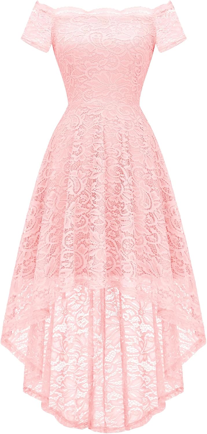 Dressystar Women's Lace Off Shoulder Cocktail Formal Wedding Guest Dress | Hi Lo Bridesmaid Wedding Dresses,Short Sleeve Party Swing Dress, A Line Design,Convertible Neckline,Soft Lace Long Dress
