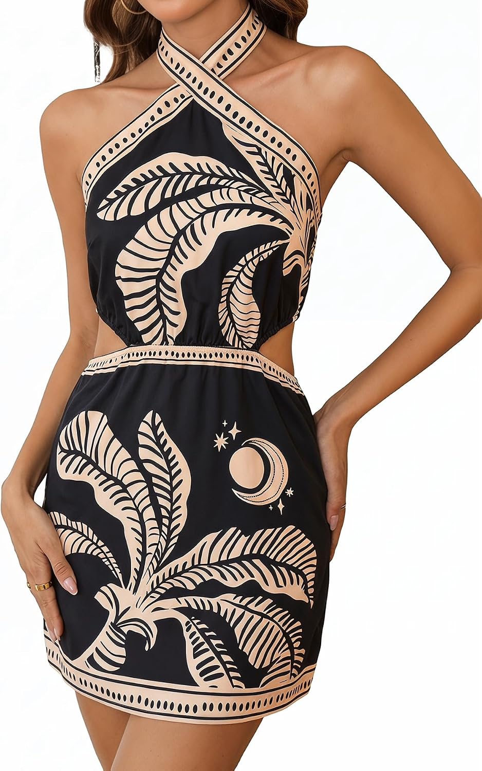 MakeMeChic Women's Boho Mini Dress Tropical Vacation Dress | Beach Vacation Outfits, Floral, Halter, Sundress