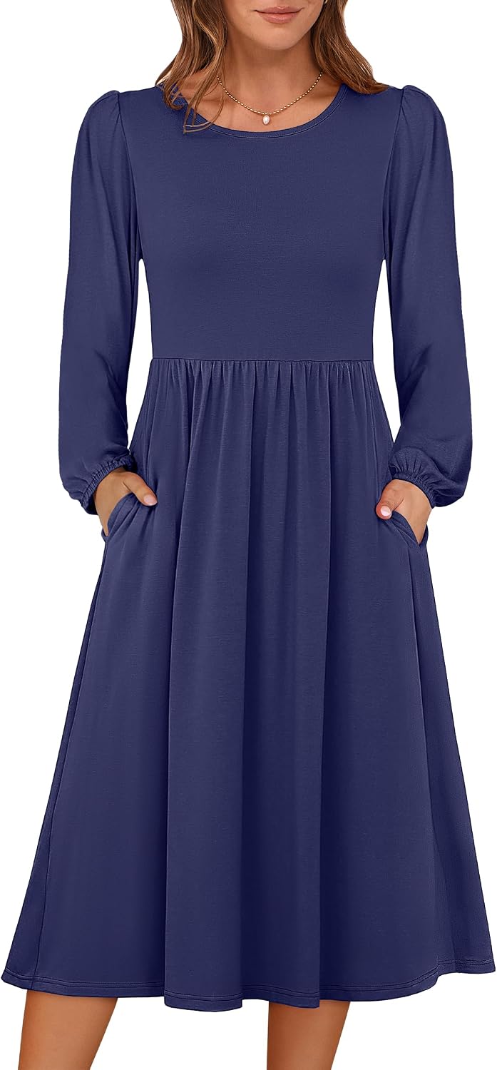 ANRABESS Women Long Sleeve Casual Fall Midi Dress Lightweight with Pockets | Crewneck Flowy A-Line Long Dresses, Comfy Soft, Church Floral Vacation Outfits, Fashion Transition, Winter Layering Clothes