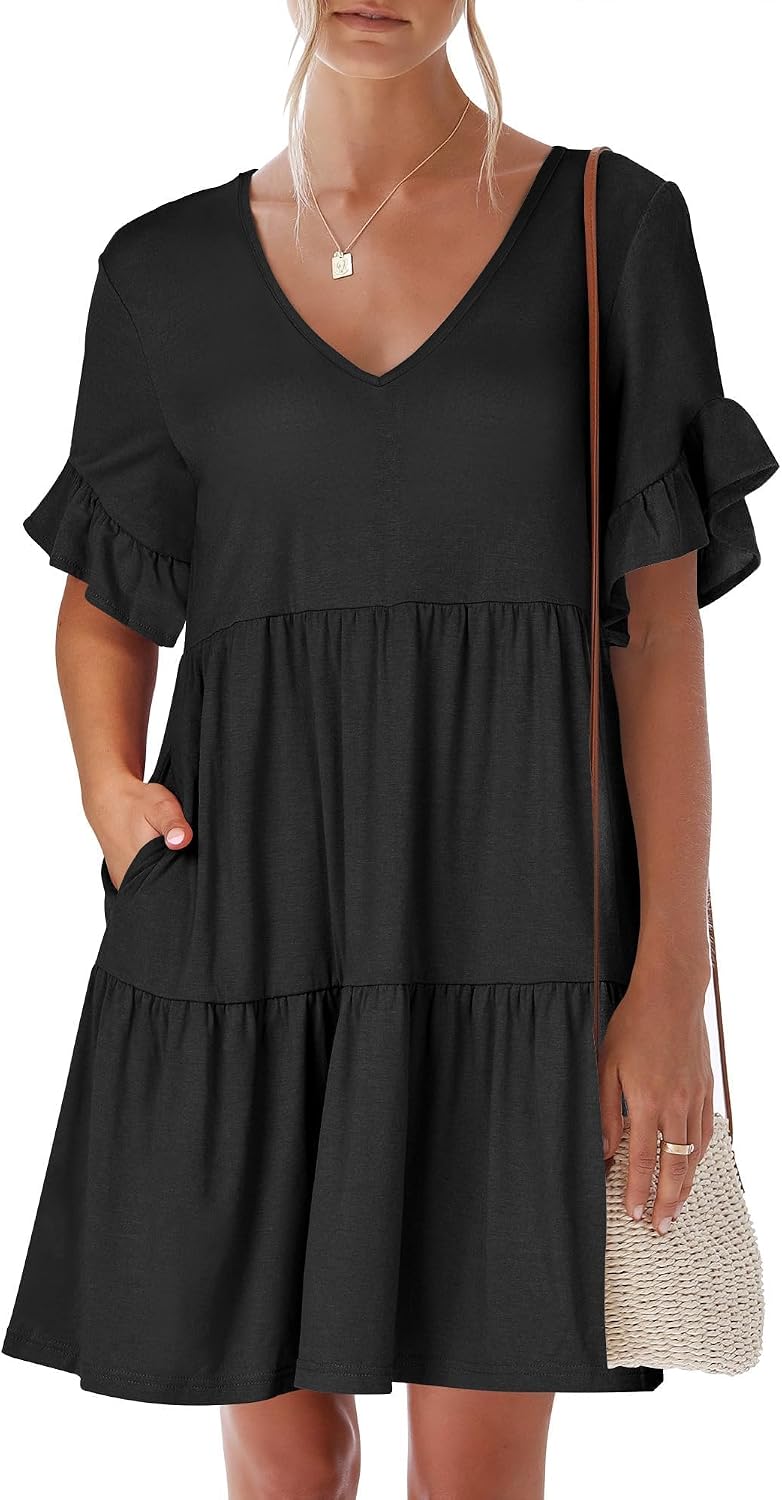 ANRABESS Dresses for Women Summer 2026 V Neck Ruffle Sleeve A Line Tiered Flowy Casual Trendy Mini Beach Dress with Pockets
