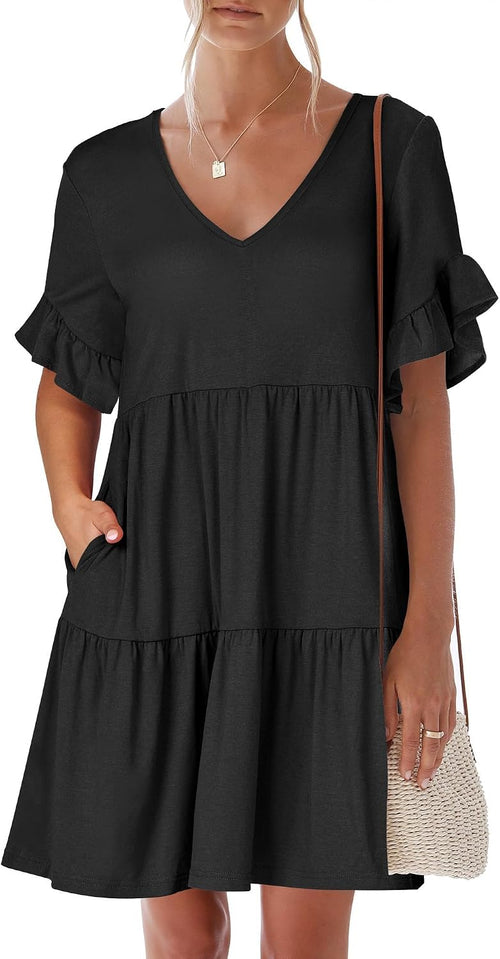 ANRABESS Dresses for Women Summer 2026 V Neck Ruffle Sleeve A Line Tiered Flowy Casual Trendy Mini Beach Dress with Pockets
