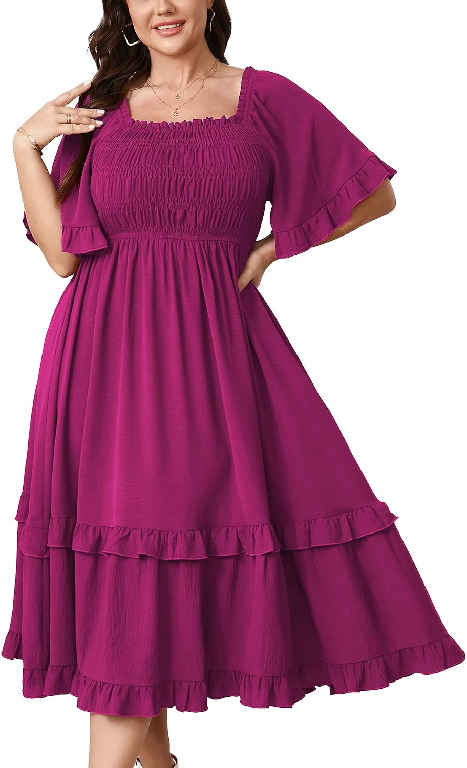 SCOMCHIC Women's Plus Size Maxi Summer Wedding Guest Cocktail Boho Dresses | Short Sleeve, Square Neck Smocked, A line, Fall, Elegant Flowy Long Dress