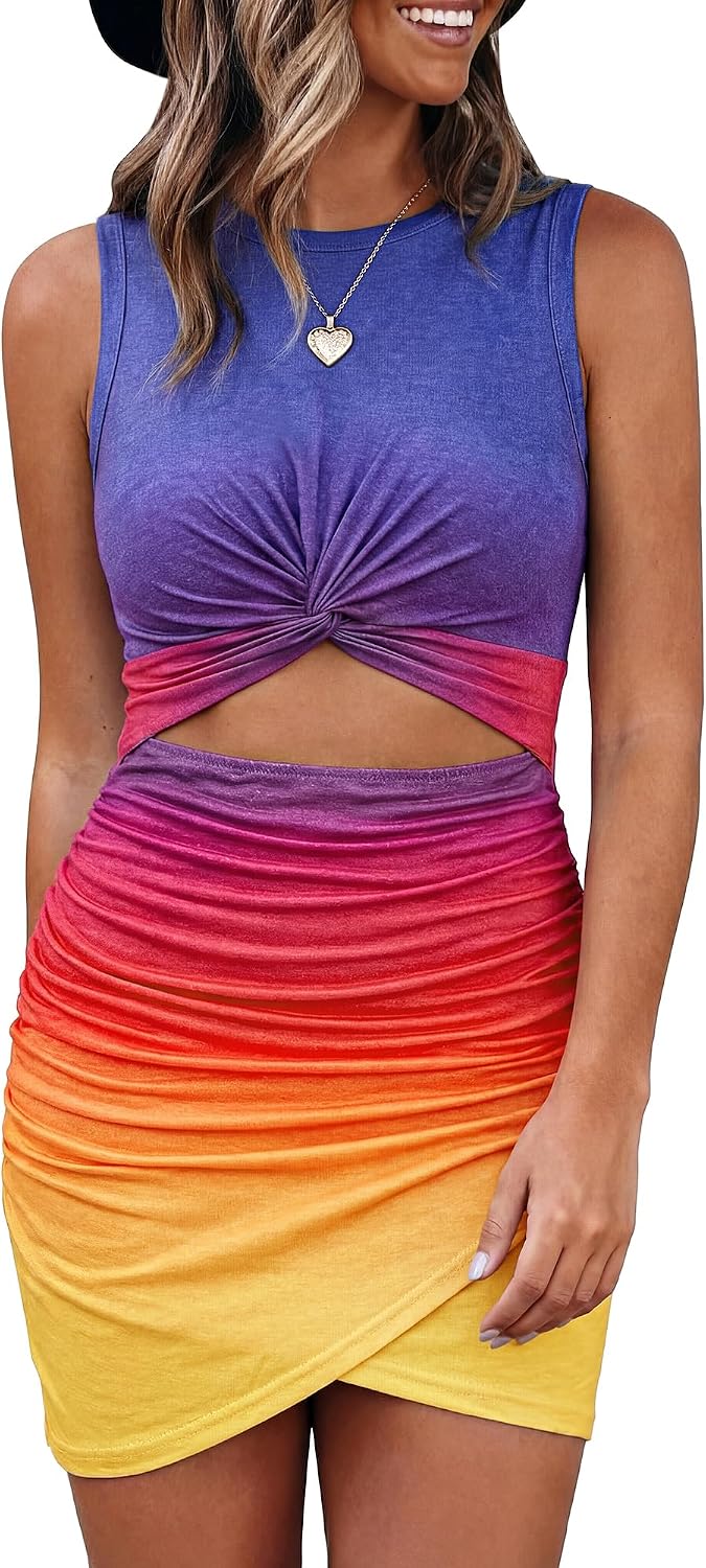 BTFBM Sleeveless Twist Womens Summer Dresses 2026 | Crew Neck,Lightweight,Casual Sundress,Cutout,Slim Fit,Ruched Maternity,Wedding Guset,Mini Beach Dress,Cruise Vacation Outfits