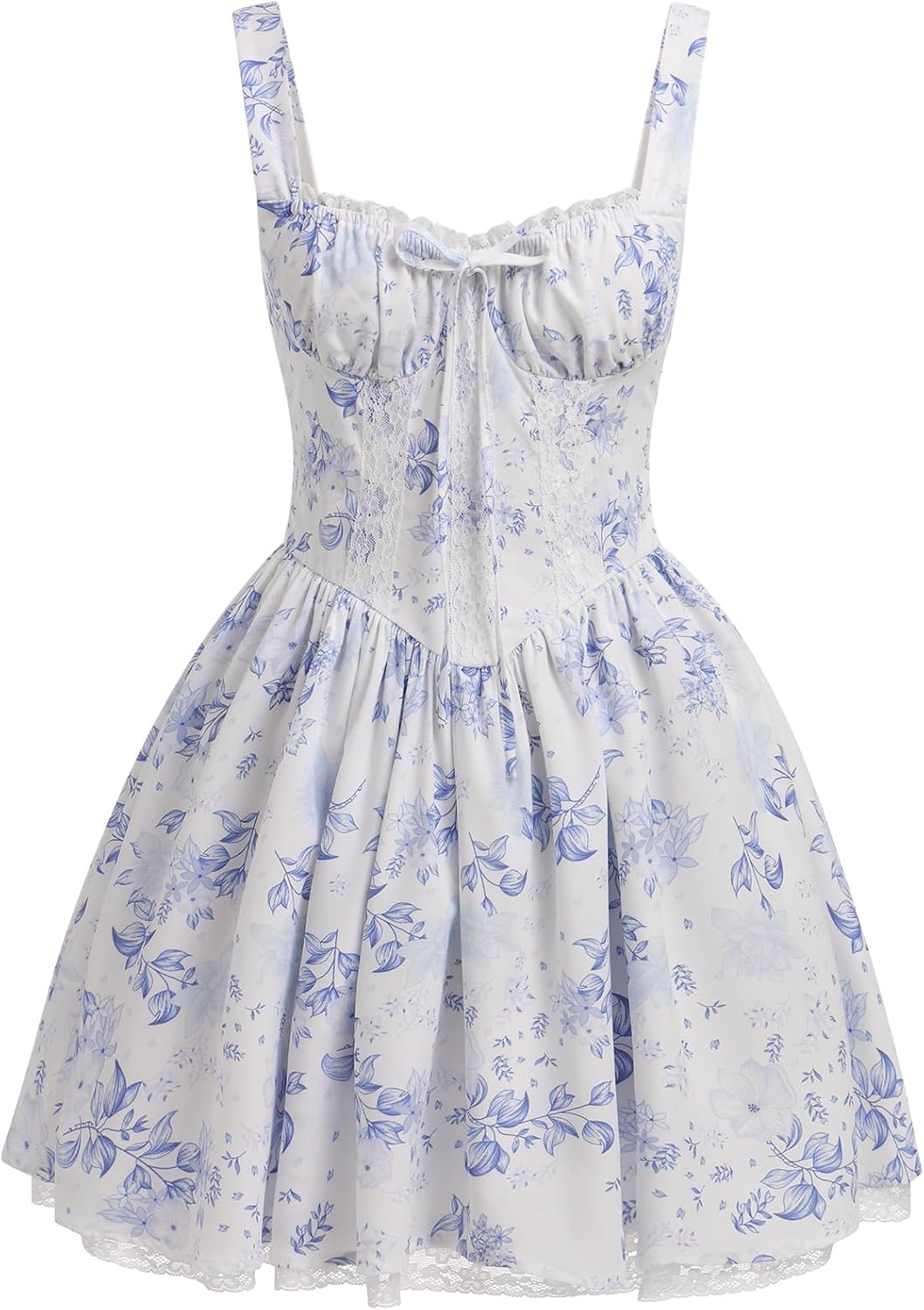 ABEHIK Women's Corset Dress Floral Mini Sexy Spaghetti Straps Low Cut Lace Short Dress Ruffle Summer Bustier Sundress
