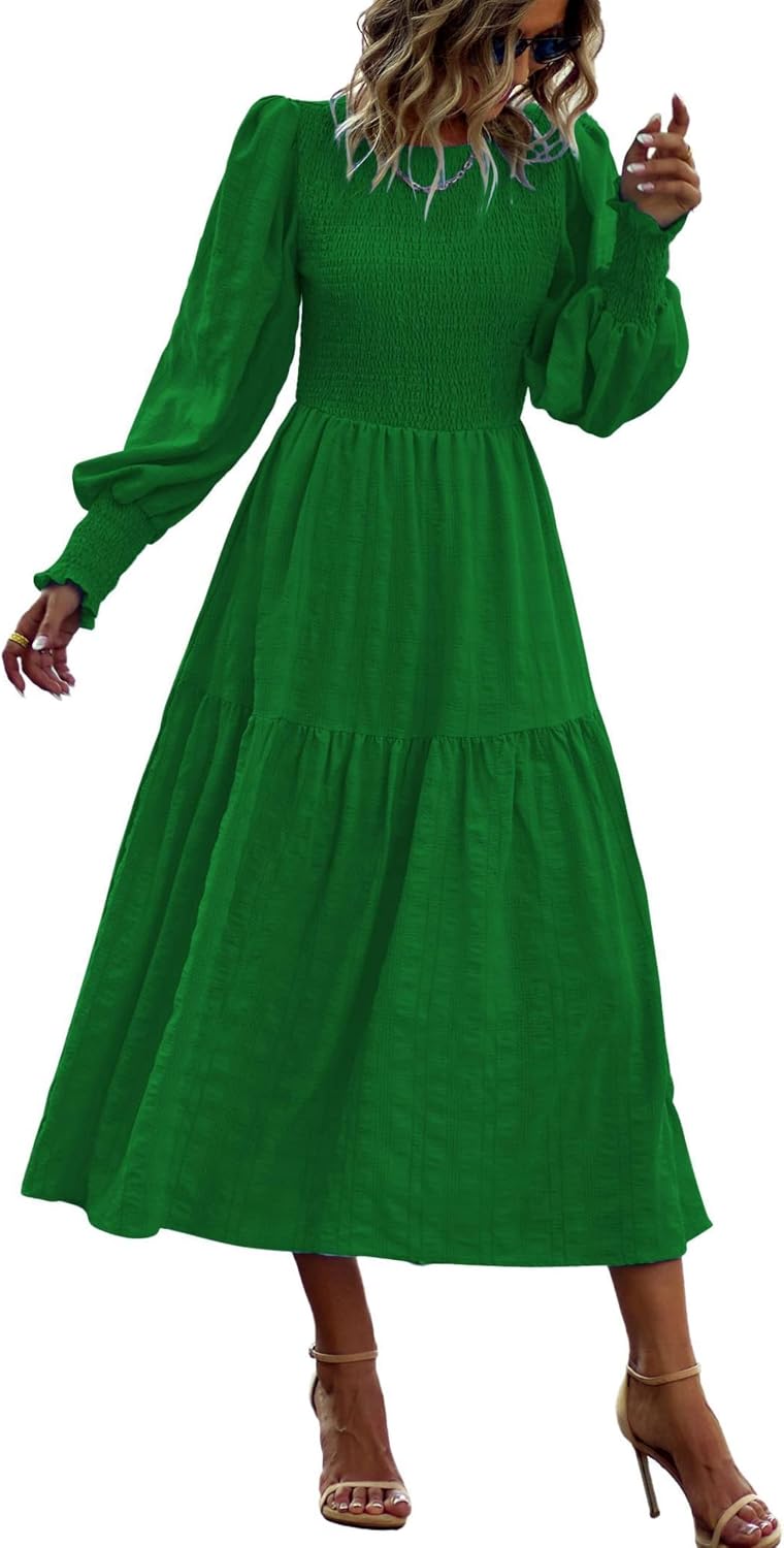 PRETTYGARDEN Women 2026 Spring Puff Long Sleeve Crewneck Smocked Maxi Dress Empire Waist Tiered A-line Swing Flowy Long Dress