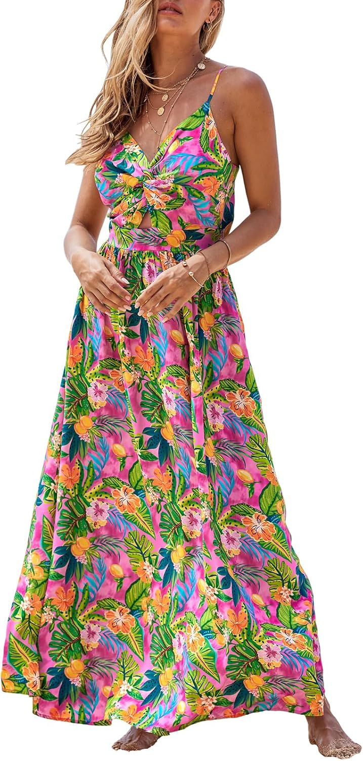 CUPSHE Women's Maxi Dress Floral Print Twisted V Neck Sleeveless Long Dress Summer Casual Dress