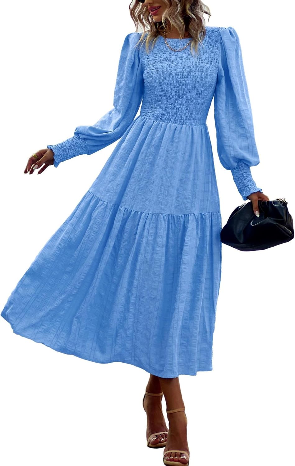PRETTYGARDEN Women 2026 Spring Puff Long Sleeve Crewneck Smocked Maxi Dress Empire Waist Tiered A-line Swing Flowy Long Dress