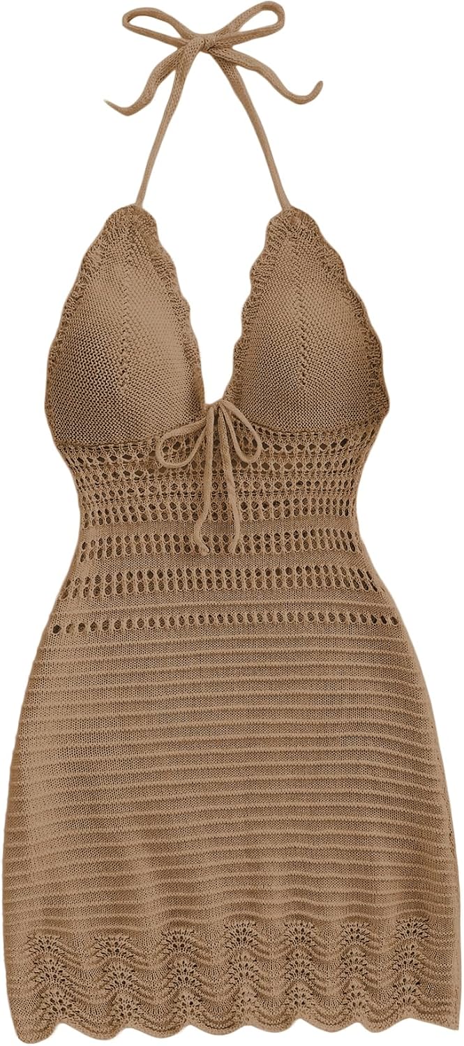 GORGLITTER Women's Crochet Halter Mini Dress Western Cowgirl Sweater Dress | Boho Knit Backless Dresses, 90s Country Concert Party Festival Outfits, Rave Hippie Clothes