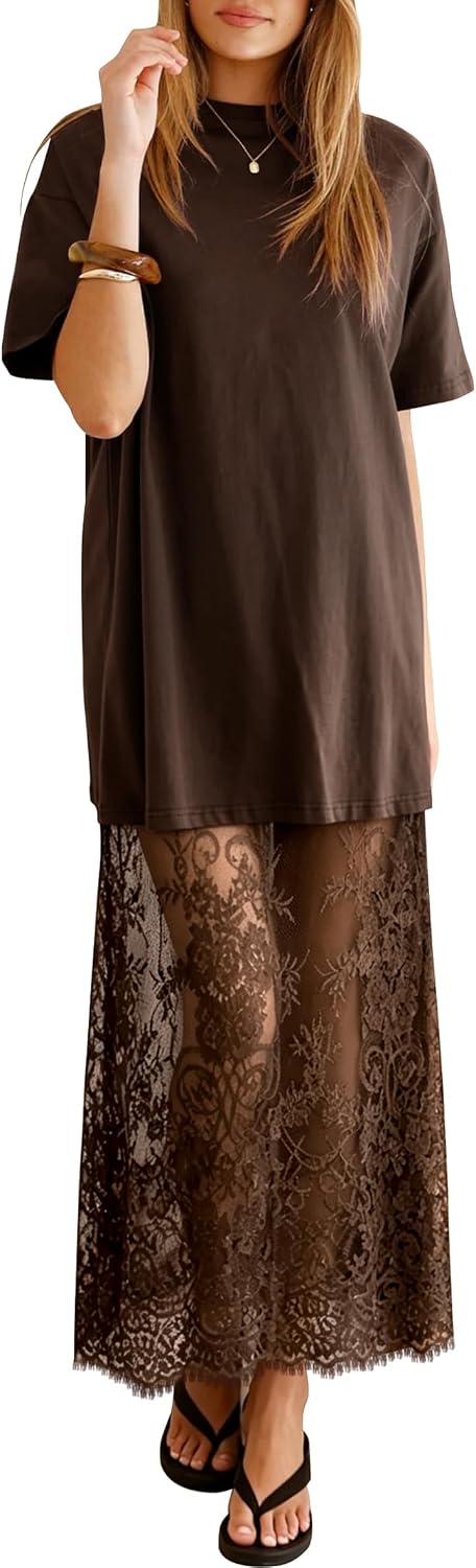 miduo Womens Summer Short Sleeve Crewneck Lace Patchwork Maxi Dresses | Casual Lace Patchwork Maxi Dress Long Shift Dresses