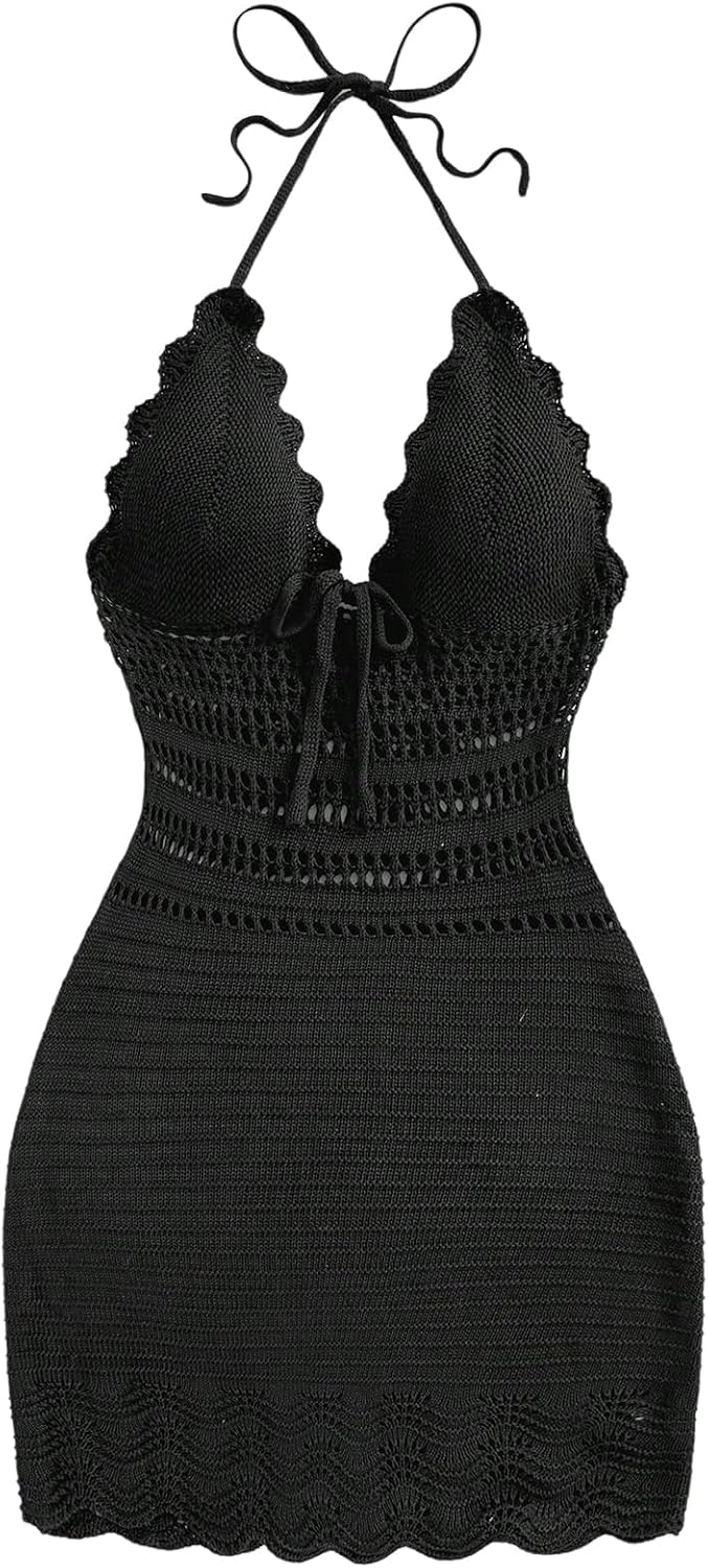 GORGLITTER Women's Crochet Halter Mini Dress Western Cowgirl Sweater Dress | Boho Knit Backless Dresses, 90s Country Concert Party Festival Outfits, Rave Hippie Clothes