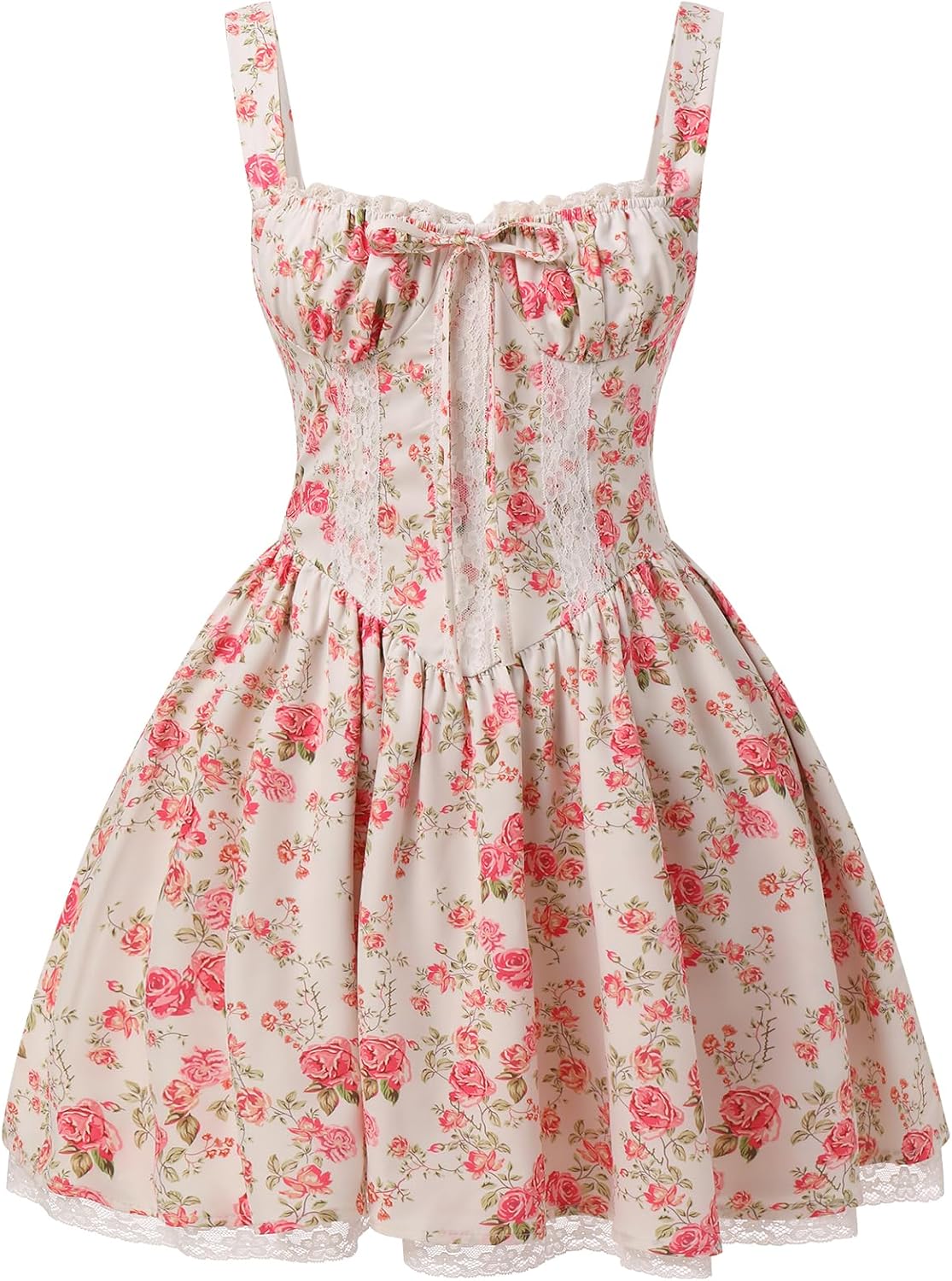 ABEHIK Women's Corset Dress Floral Mini Sexy Spaghetti Straps Low Cut Lace Short Dress Ruffle Summer Bustier Sundress
