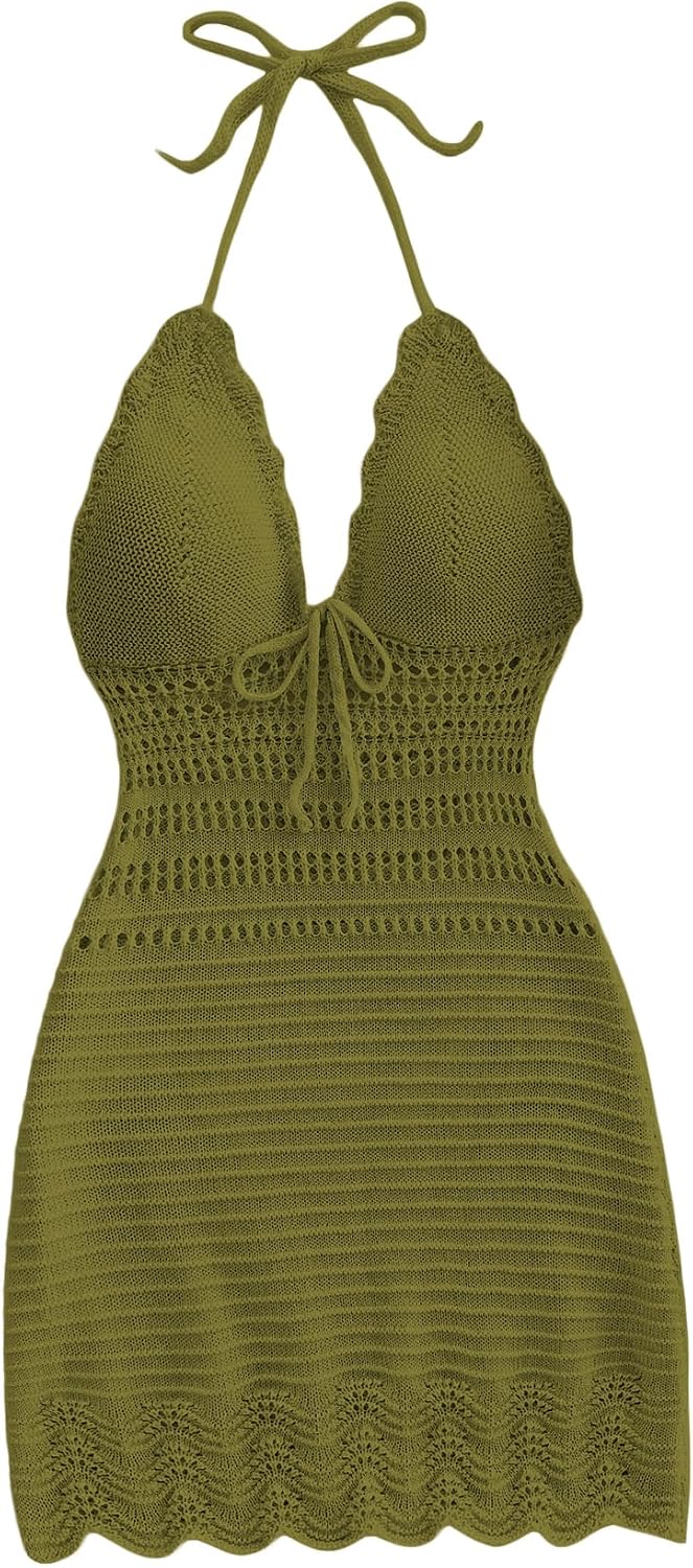 GORGLITTER Women's Crochet Halter Mini Dress Western Cowgirl Sweater Dress | Boho Knit Backless Dresses, 90s Country Concert Party Festival Outfits, Rave Hippie Clothes