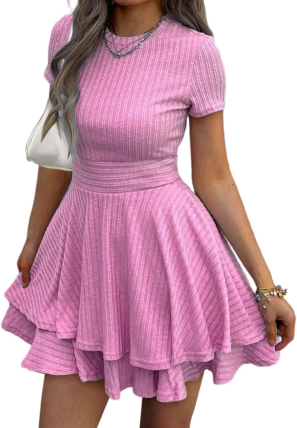 Evzeiem Womens Summer Mini Dresses Short Sleeve Casual Crewneck Knitted Crochet Flowy Tiered Sundress