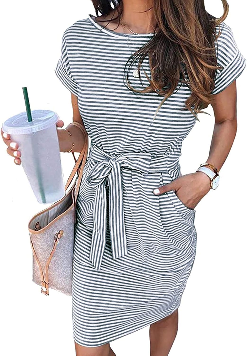 MEROKEETY Women's 2026 Summer Short Sleeve Casual T Shirt Dress | Striped, Tie Waist, Crew Neck, Work Vacation Beach, Trendy Fashion Cute Short Dresses