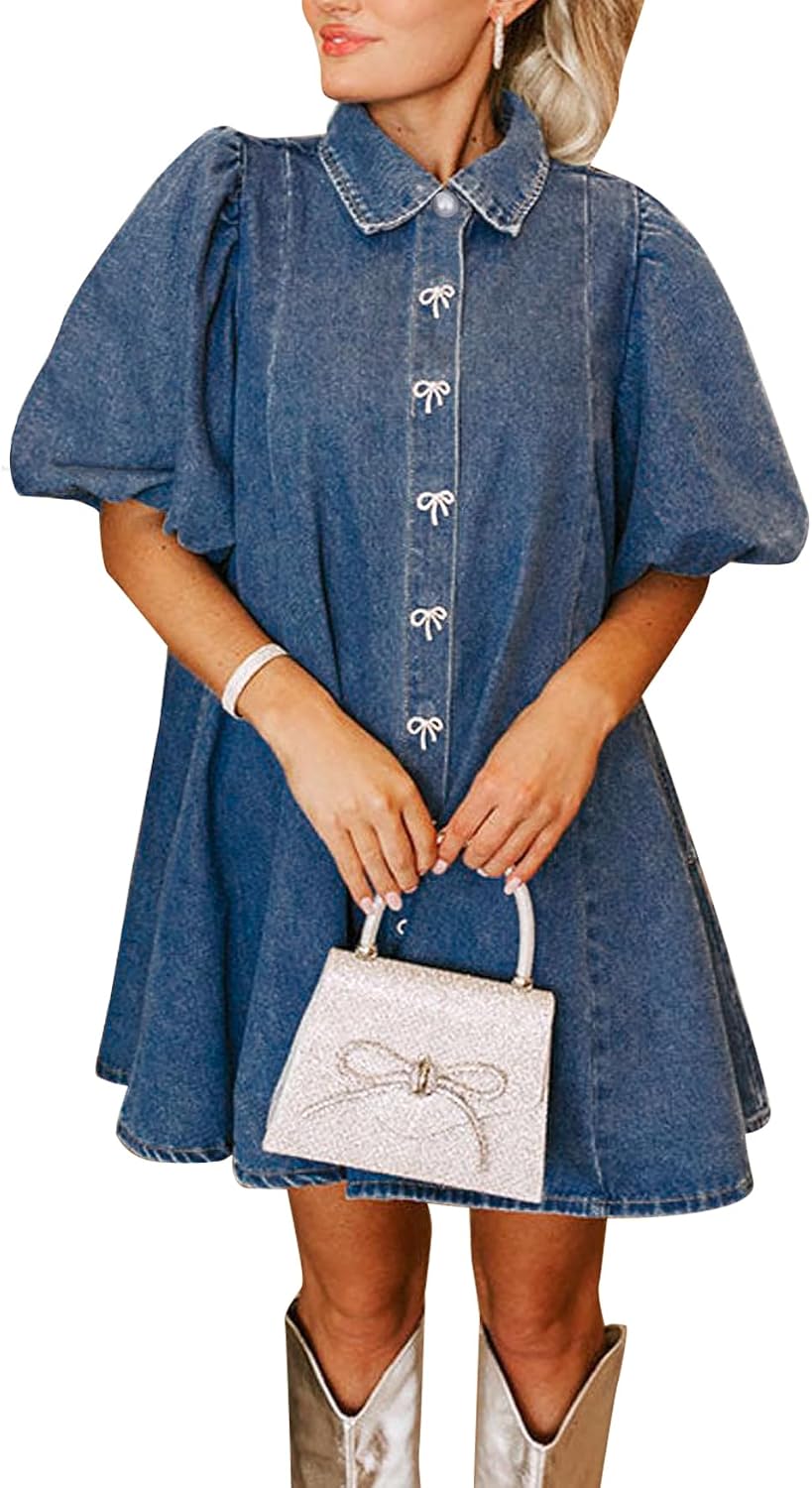 LifeShe Women's Blue Denim Babydoll Mini Dress with Puff Sleeves, Lapel Collar & Diamond Bow Decor