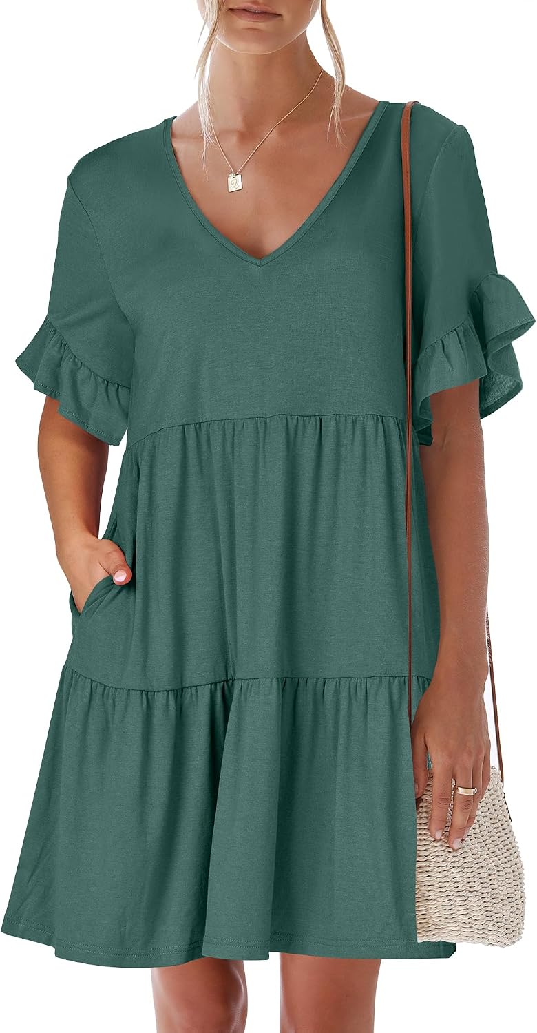 ANRABESS Dresses for Women Summer 2026 V Neck Ruffle Sleeve A Line Tiered Flowy Casual Trendy Mini Beach Dress with Pockets
