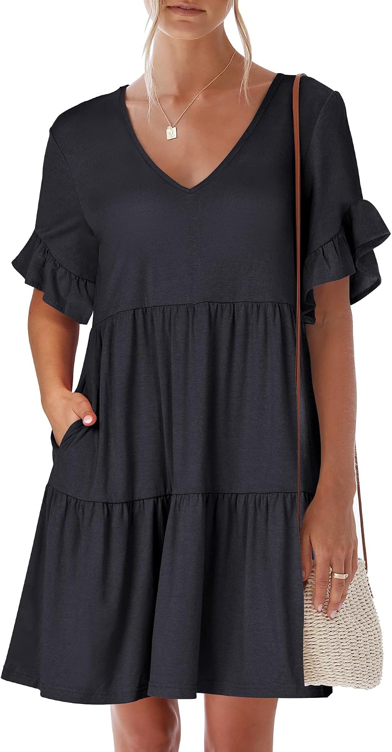 ANRABESS Dresses for Women Summer 2026 V Neck Ruffle Sleeve A Line Tiered Flowy Casual Trendy Mini Beach Dress with Pockets
