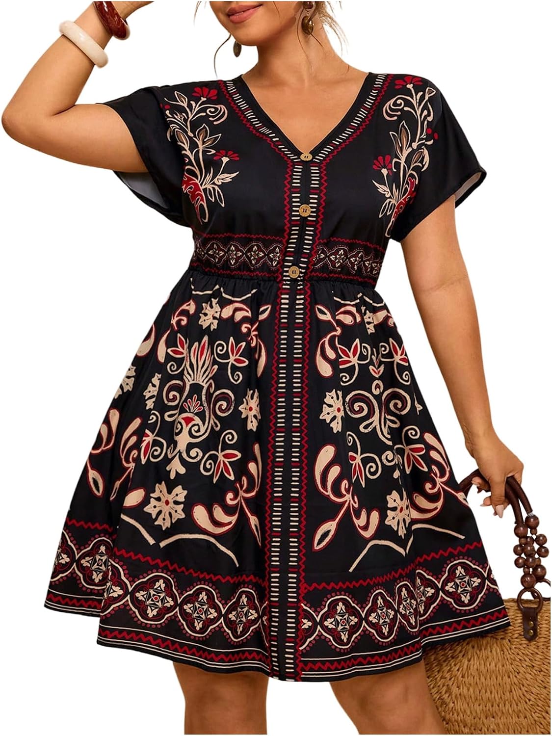Floerns Women's Plus Size V Neck Short Sleeve Ruffle Hem A Line Short Dress | Surplice Ruffle Hem, A Line, V Neck, Short Sleeve, Boho Hawaiian Short Dress