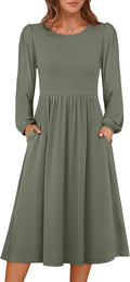 ANRABESS Women Long Sleeve Casual Fall Midi Dress Lightweight with Pockets | Crewneck Flowy A-Line Long Dresses, Comfy Soft, Church Floral Vacation Outfits, Fashion Transition, Winter Layering Clothes