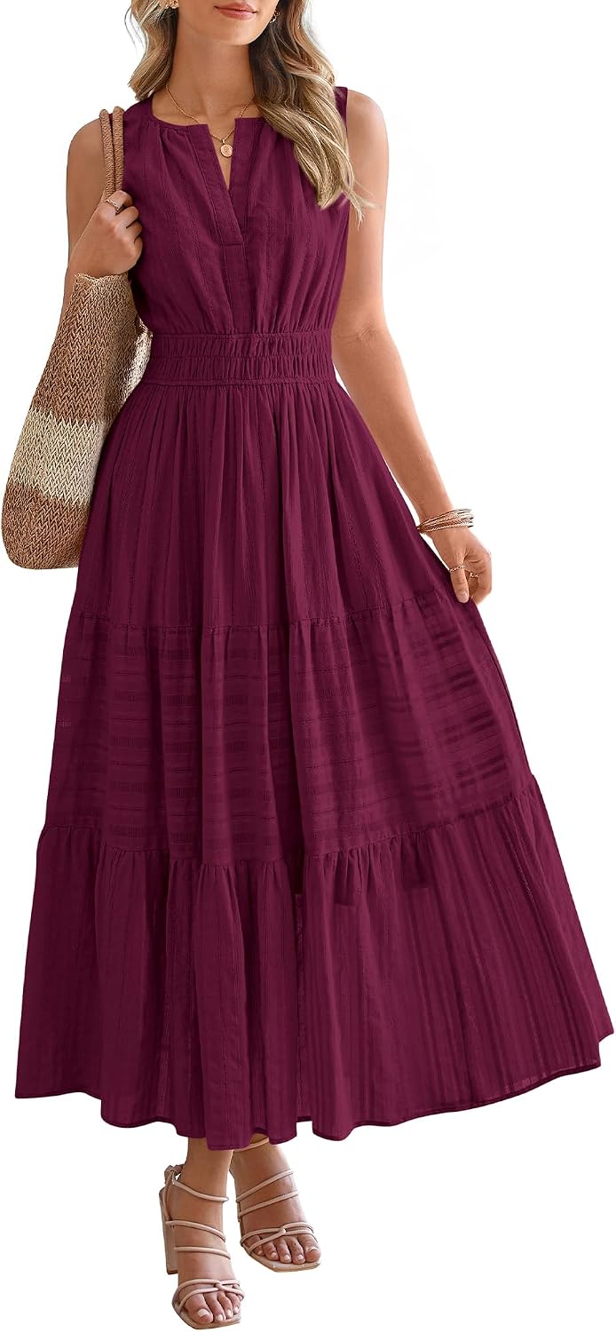 BTFBM Womens Summer Casual Midi Maxi Dress 2026 | Lightweight Sleeveless Boho Sundress,Elastic Waist A Line,V Neck Cotton Long Dresses Pockets,Beach Vacation,Fashion Clothing