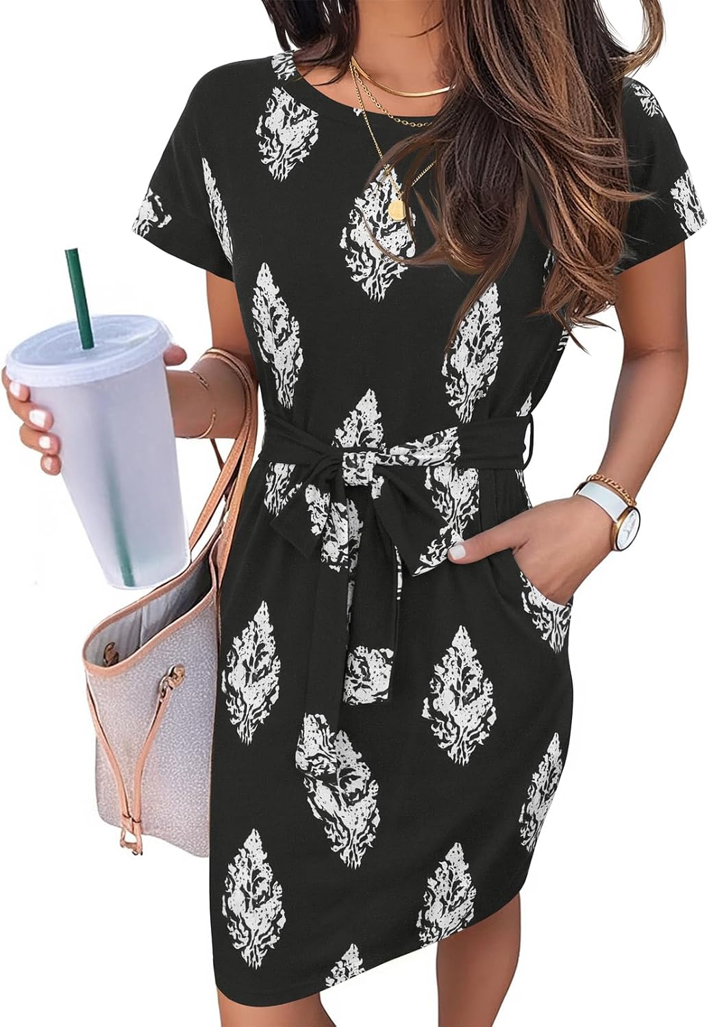 MEROKEETY Women's 2026 Summer Short Sleeve Casual T Shirt Dress | Striped, Tie Waist, Crew Neck, Work Vacation Beach, Trendy Fashion Cute Short Dresses