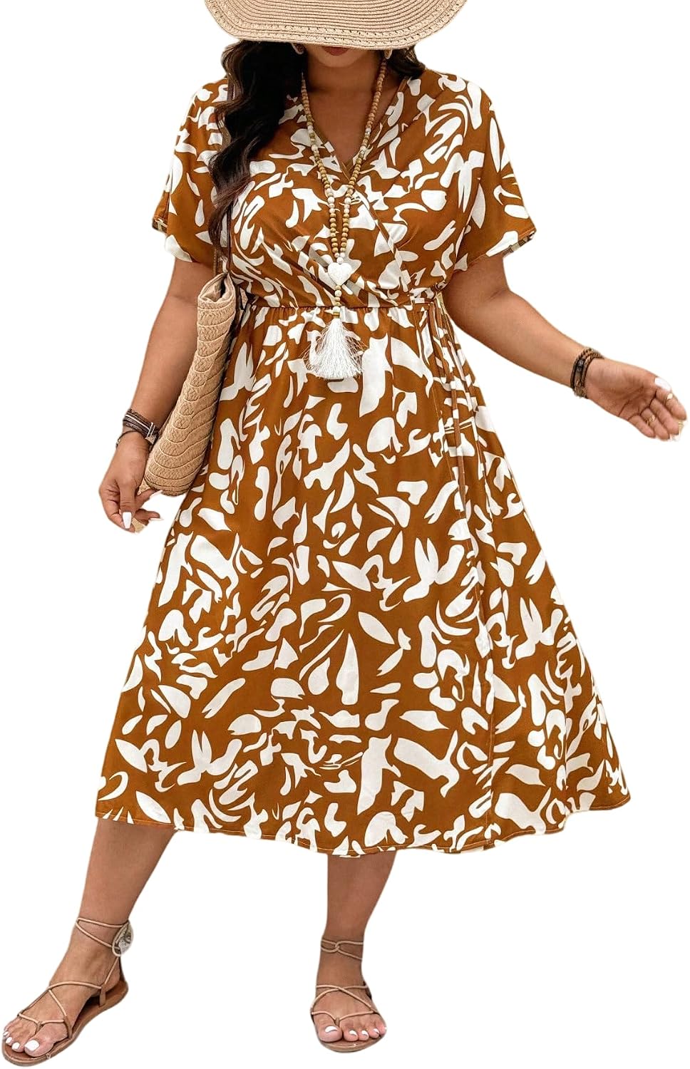 Floerns Women's Plus Size Hawaiian Tropical V Neck Long Dress | V Neck,Boho Hawaiian Tropical,All Over Print,Short Sleeve,Vacation Outfits