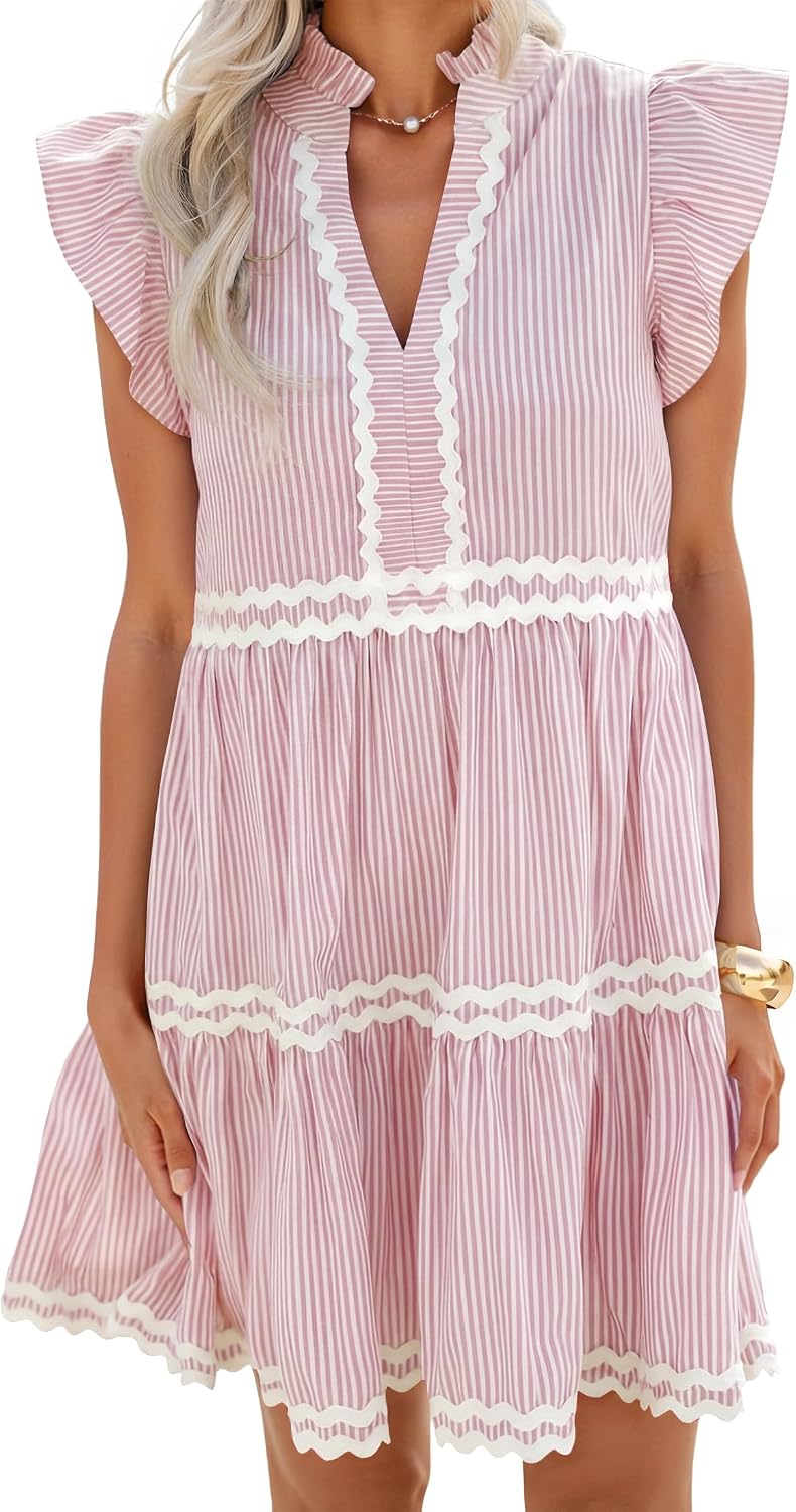 ZESICA Women's Summer Casual Striped Mini Dress Beach Dresses | Flutter Short Sleeve Dress,Elegant Flutter Sleeves Vneck Dresses,Ruffle A Line Clothes,Striped Short Dress,Cocktail Party