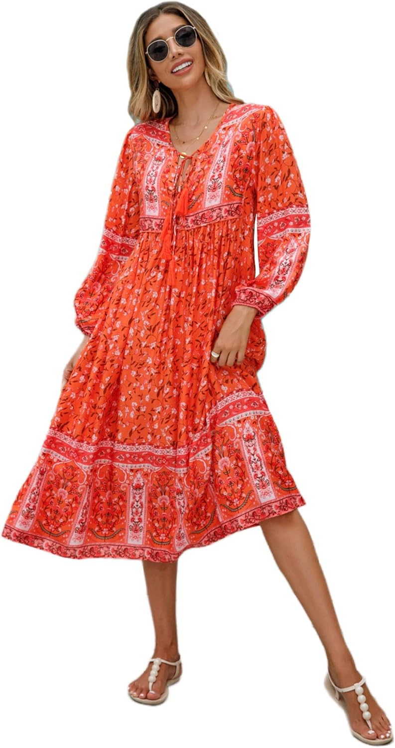 R.Vivimos Women's Long Sleeve Casual Boho Floral Midi Dresses | Retro V Neck, Tassel Tie, Beach Vacation Outfits, Resort Wear