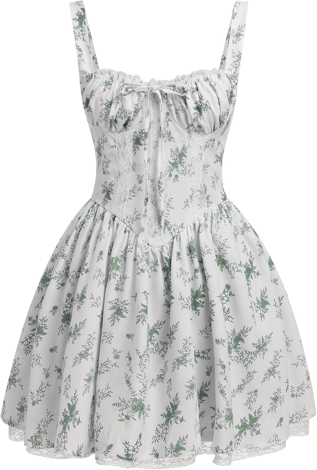 ABEHIK Women's Corset Dress Floral Mini Sexy Spaghetti Straps Low Cut Lace Short Dress Ruffle Summer Bustier Sundress